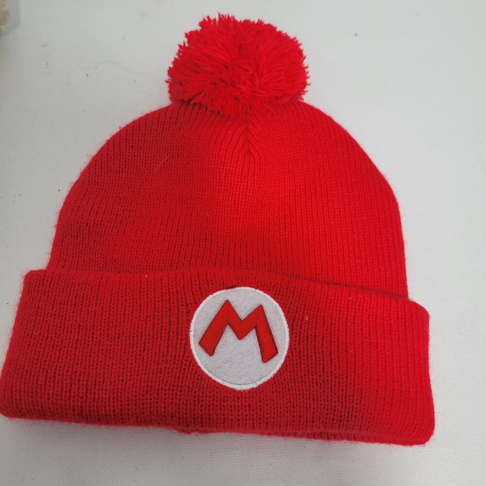 Super Mario Embroidered Unisex Red Beanie Cap With Fuzzy Ball 42826-1344